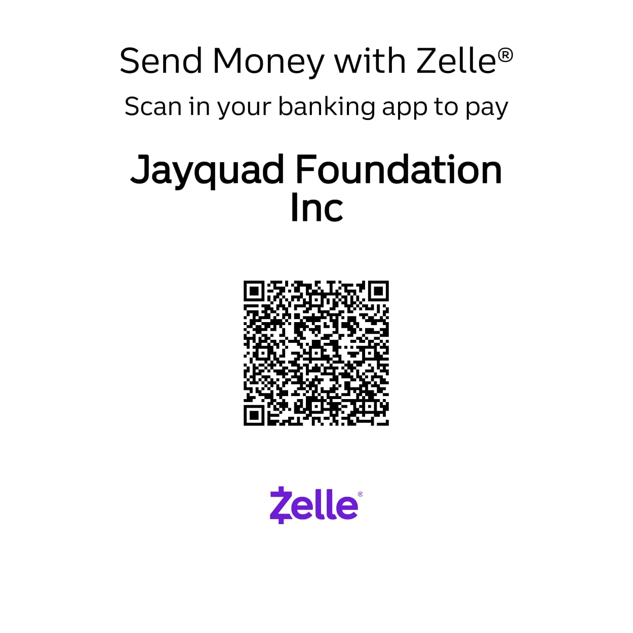 Zelle QR code for JayQuad Foundation