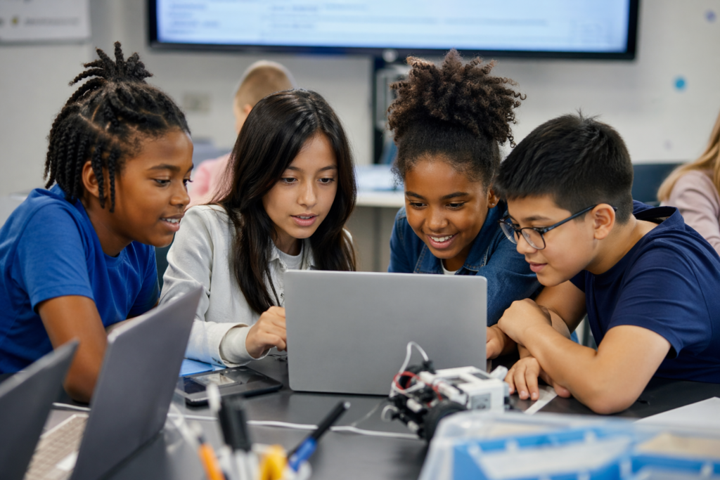 Kids learning at laptops in the Future Tech Leaders Program
